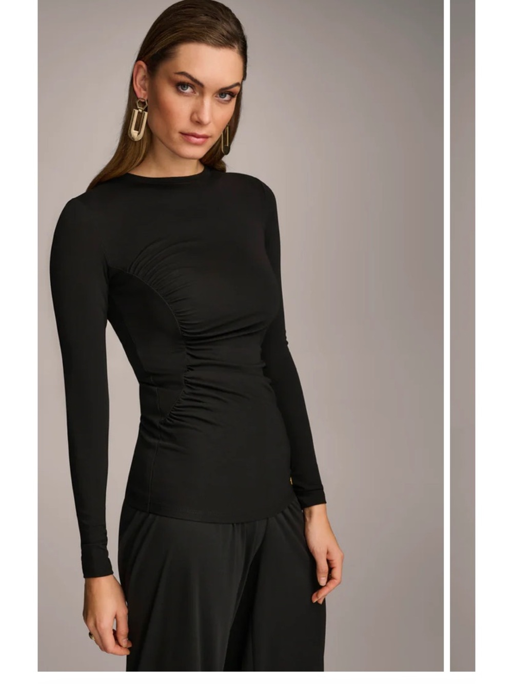 Donna Karan Black Long Sleeve Ruched Side Top
